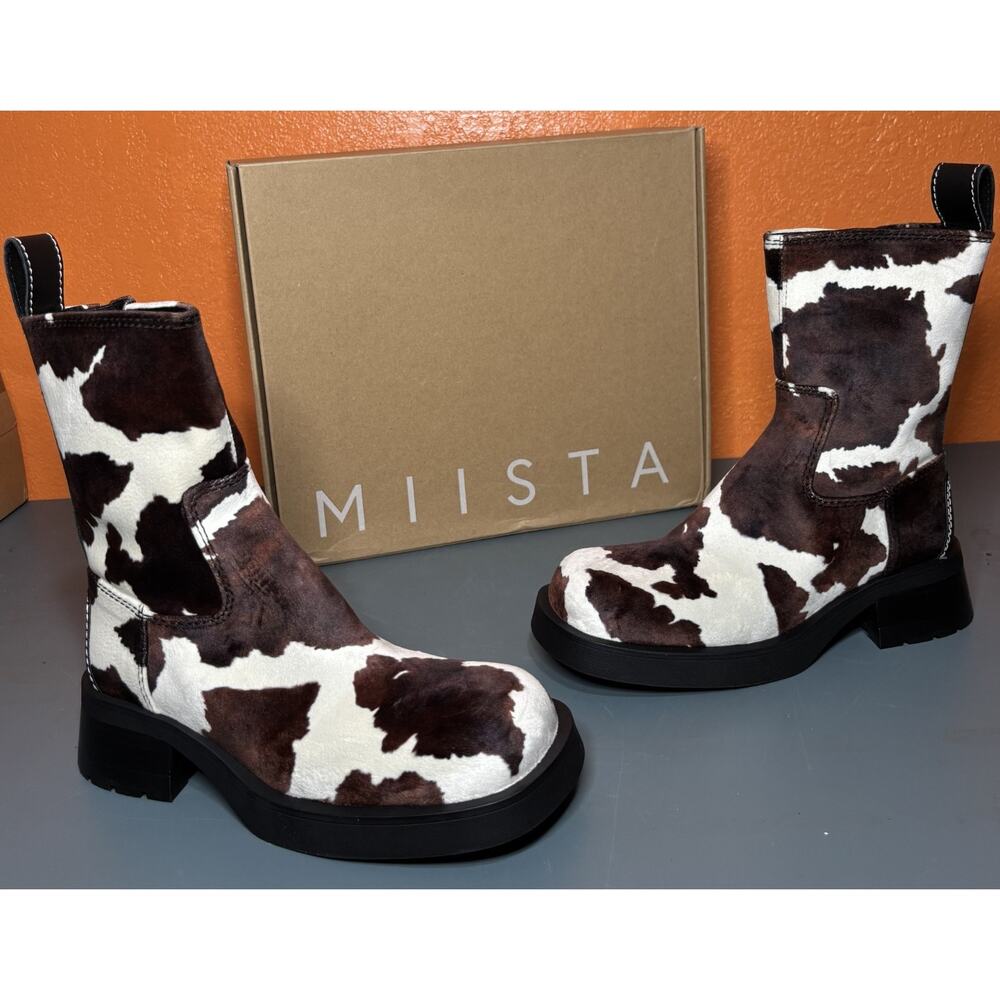 Miista Brown and White Cow Print Ankle Boots
